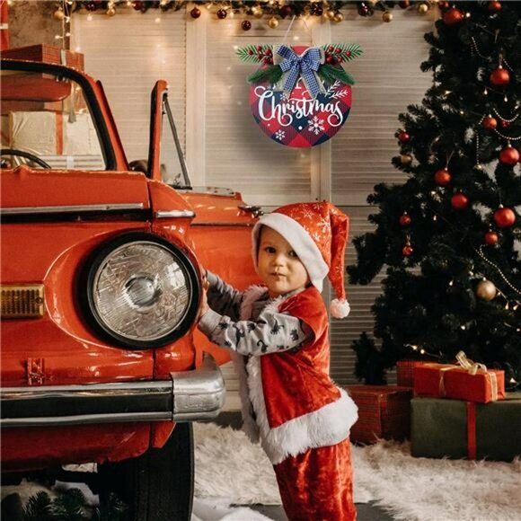 Merry Christmas Wreath for Front Door Buffalo Plaid Christmas Decorations - Picture 6 of 6